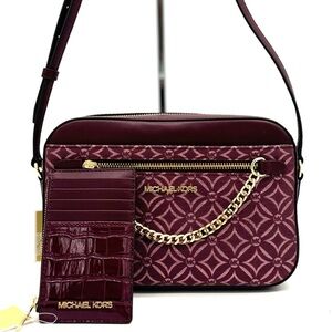 Michael Kors Large EW Crossbody Bag & Travel TZ Card Case Wallet Ox Blood Multi